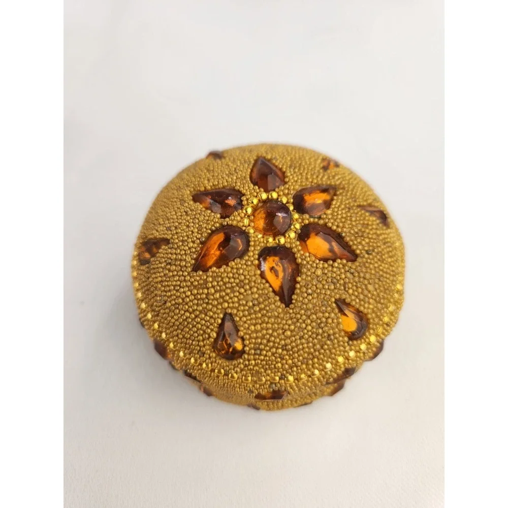 Vtg Round Hand Beaded Trinket Boxes Yellow Gold Beads Jeweled Wedding Set of 5